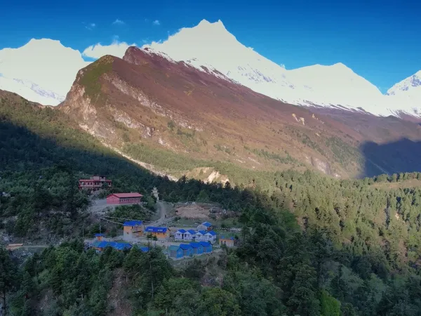 Beautiful shyala village located on the backdrop of manaslu mountains