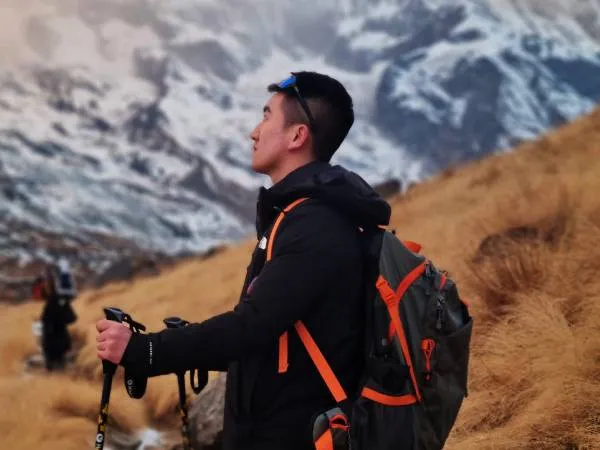 Trekker exploring Annapurna base camp trek in November