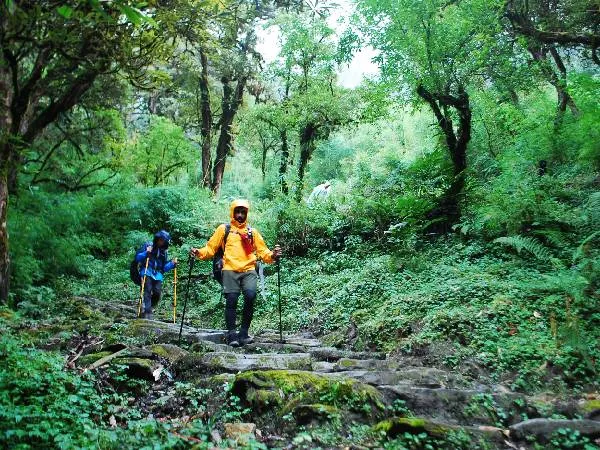 Trekkers walking in Deurali village