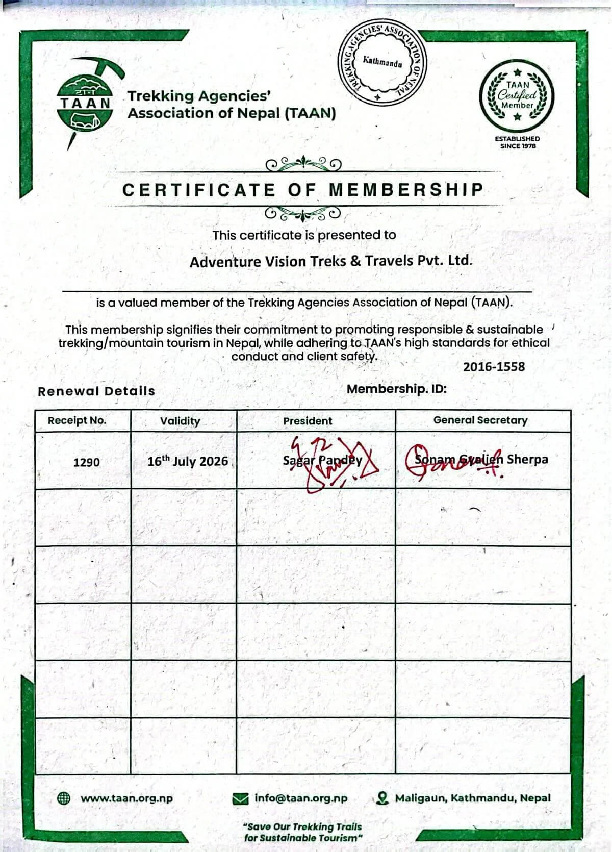 Trekking agencies association of Nepal member