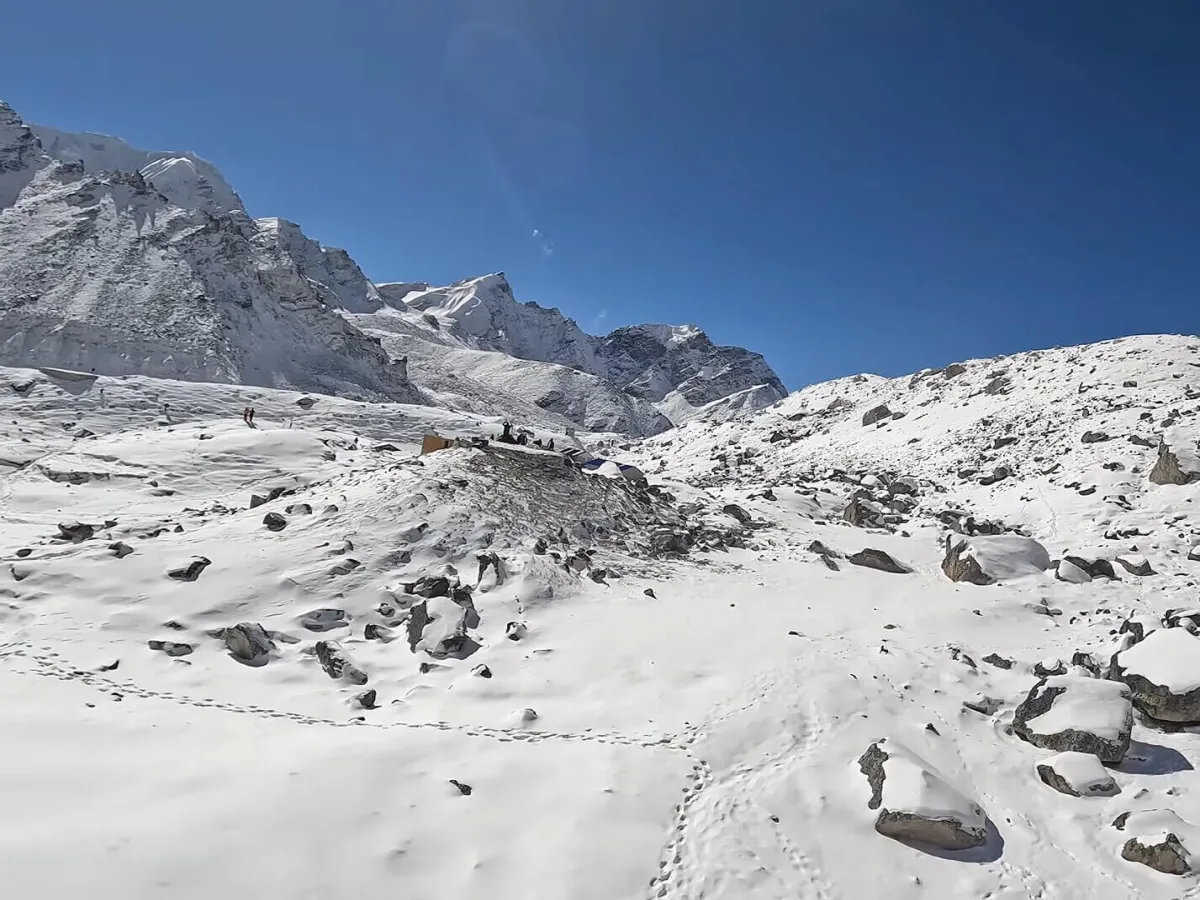 Aerial view of Mount Everest and surrounding Himalayan peaks from a helicopter
