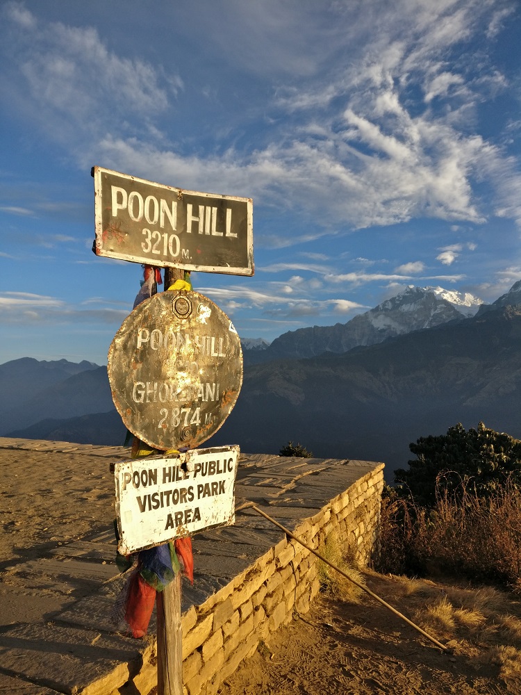 Sunrise view from Poon Hill with Annapurna and Dhaulagiri mountain ranges.