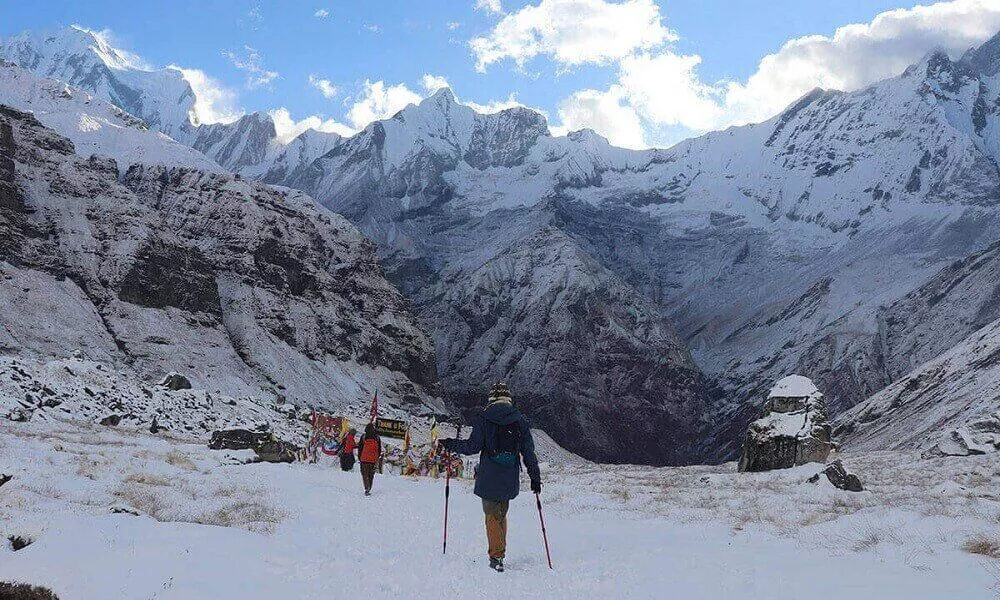 Scenic view of the Annapurna Circuit Trek route with snow-capped mountains and lush green hills in the background.