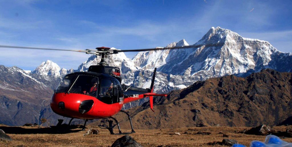 Helicopter tour in Nepal offering aerial views of the Himalayas and remote destinations.
