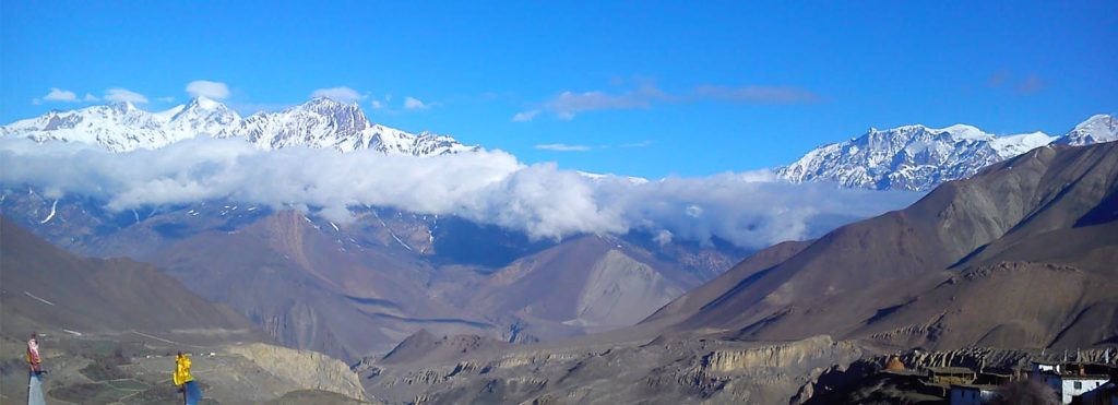 Panoramic view of the Himalayan mountains seen from Jomsom in the Mustang region.