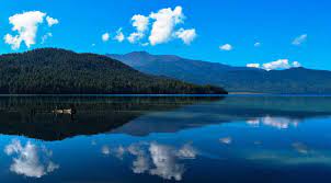 Rara Lake, the largest lake in Nepal, surrounded by forests and snow-capped mountains.