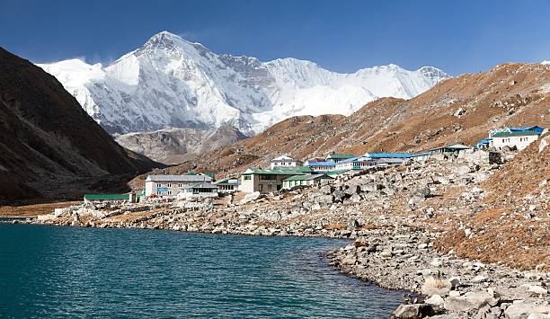 View of Gokyo Lake and village with Mount Cho Oyu in the background.