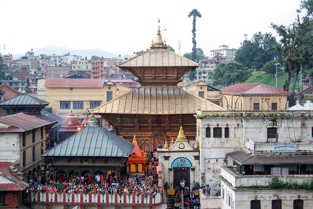 An image of the Pashupatinath Temple in Kathmandu, Nepal, with its golden spire and intricate pagoda-style architecture, situated along the banks of the Bagmati River, with devotees and priests visible.