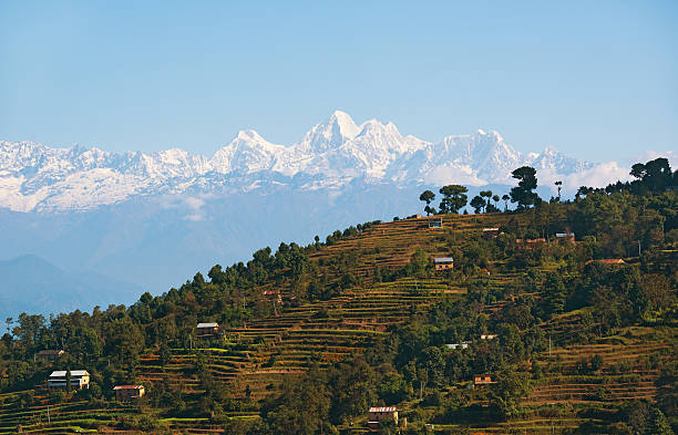Panoramic view of snow-capped mountain ranges seen from Nagarkot hills during sunrise.