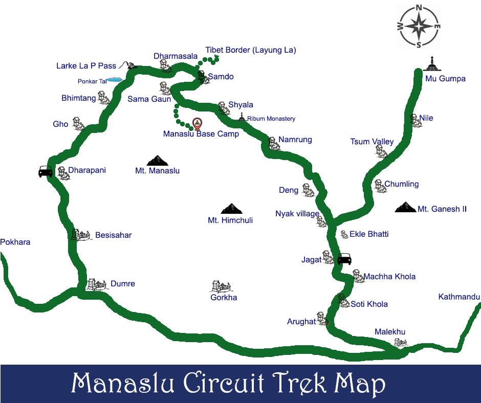 Map of the Manaslu Circuit Trek showing trekking route, key villages, passes, and elevation points.