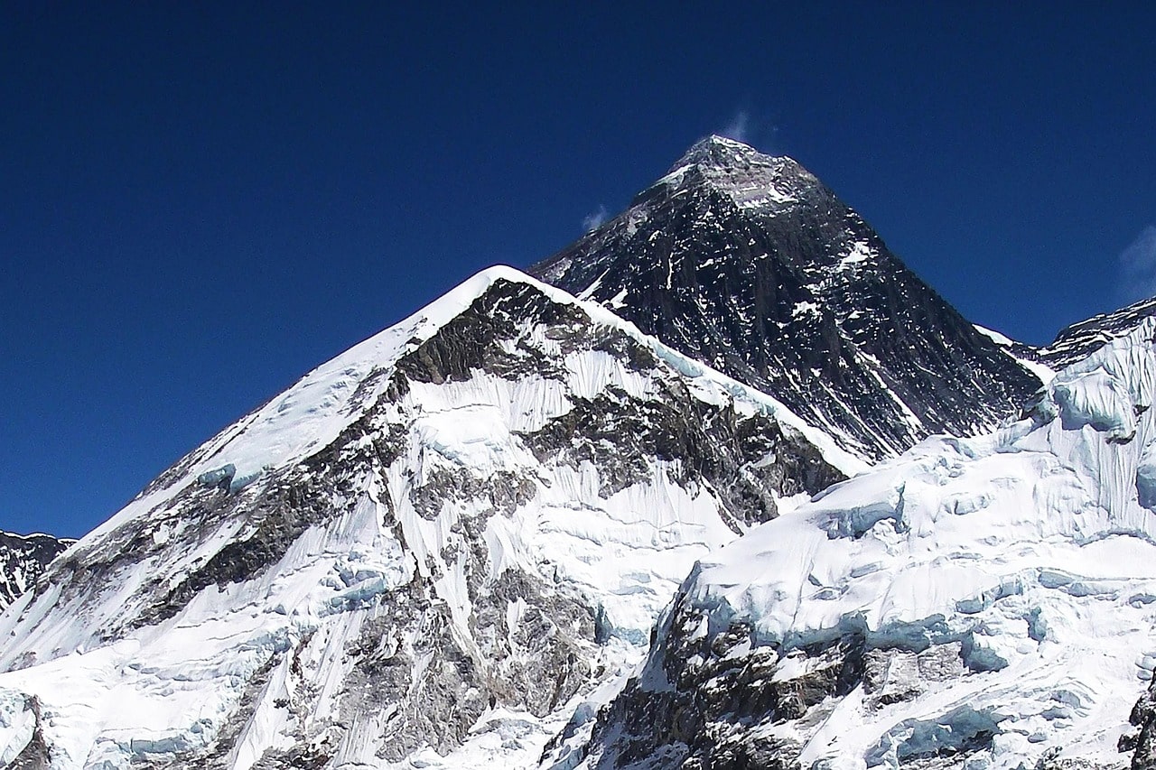 At the Top of the World: The breathtaking view from the summit of Mount Everest, where the sky meets the highest peak on Earth.