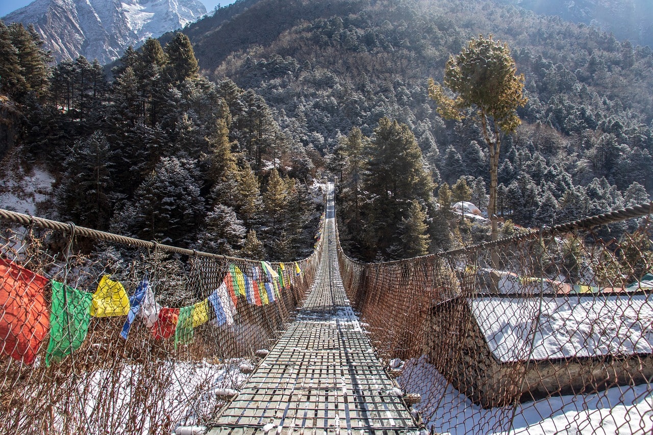 Crossing the iconic swinging bridge on the Manaslu Circuit, a thrilling adventure above the raging rivers below.