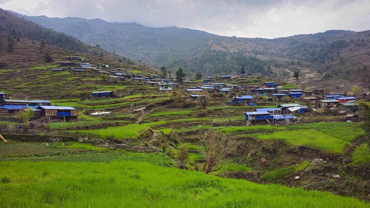 Lush terraced fields cascade down the hillsides along the Annapurna Circuit Trek, showcasing Nepal’s traditional farming landscape.