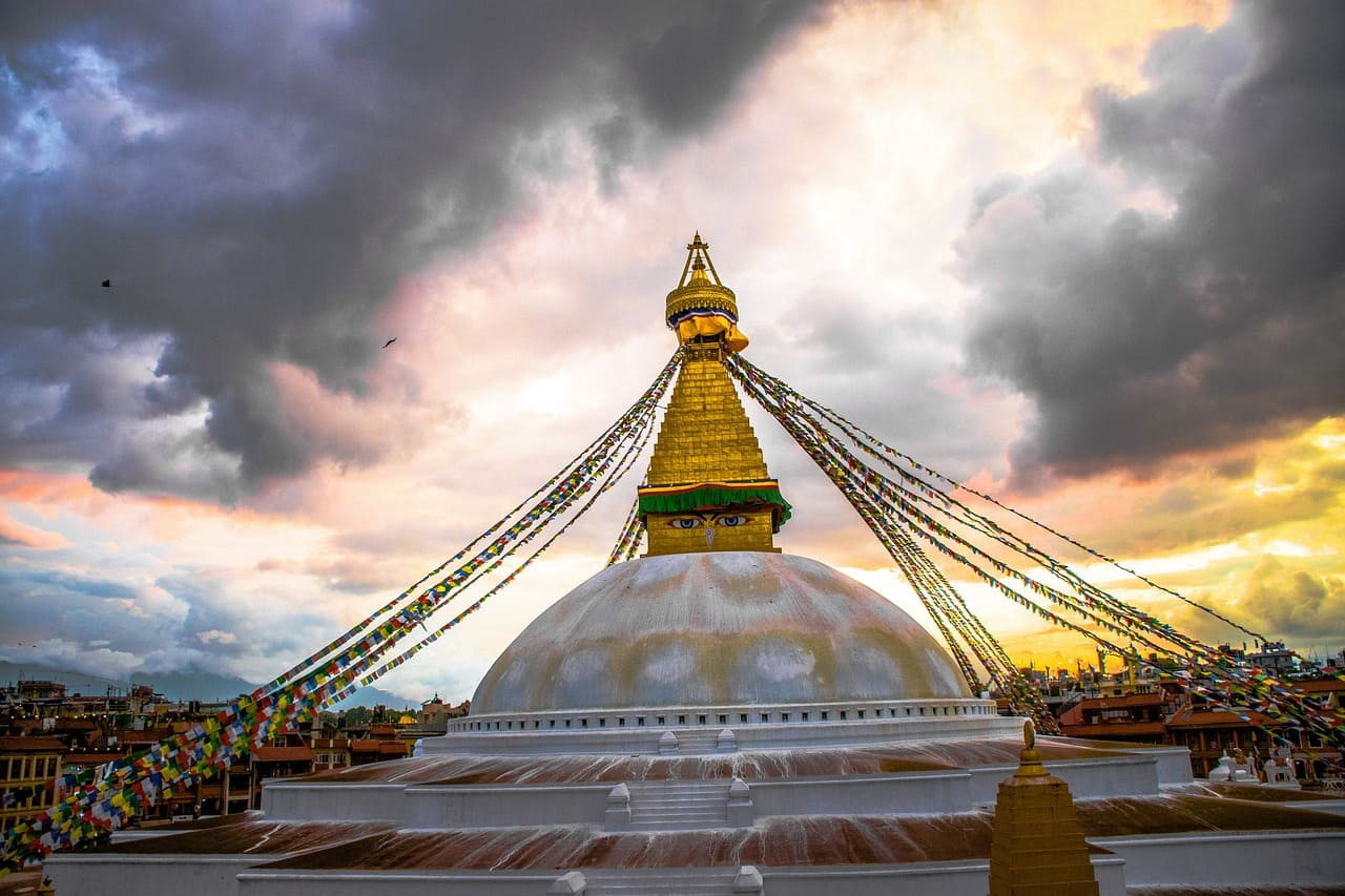 Boudhanath Stupa at sunset, a peaceful spiritual site ideal for honeymooners in Nepal
