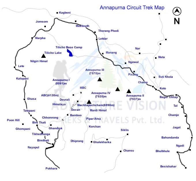 Annapurna Circuit Trek route map showing major stops, passes, and elevations along the trail in Nepal.