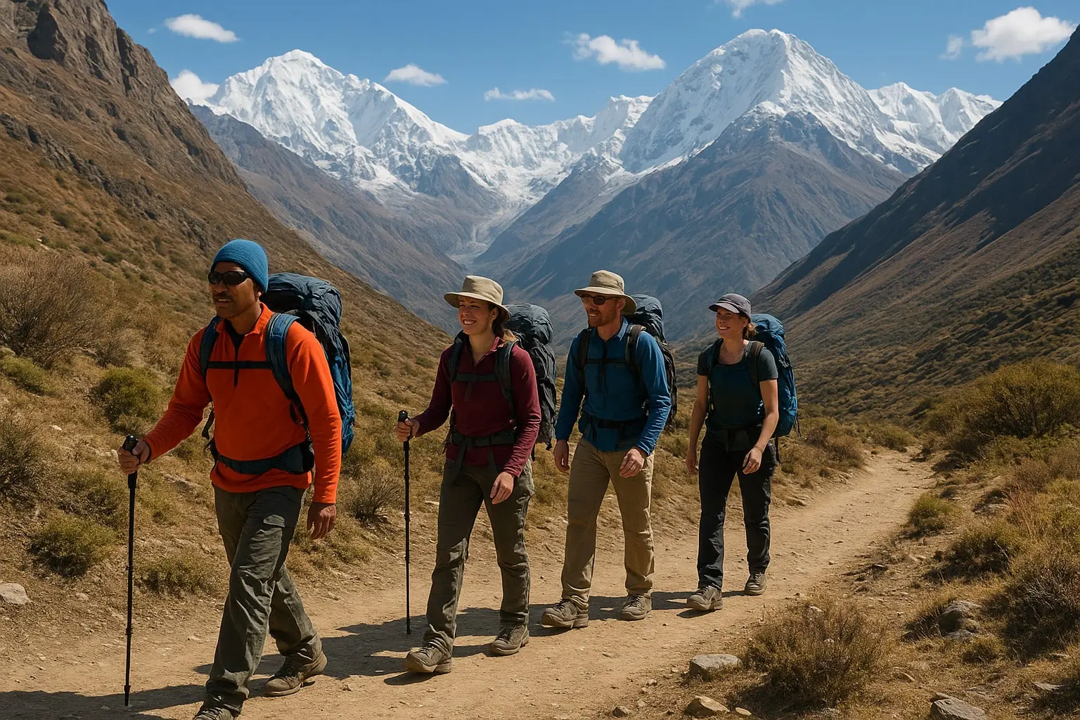 A trekking guide leading a group of trekkers along a mountain trail in the Annapurna region.