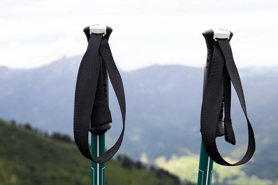 Lightweight trekking poles with ergonomic grips and adjustable length for hiking and trekking.