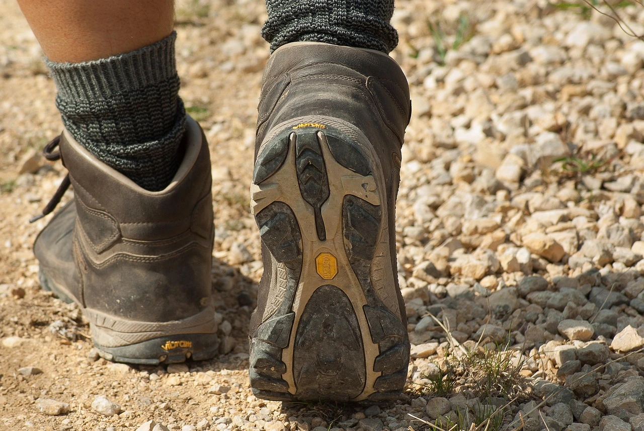 Sturdy brown trekking shoes with rugged soles, designed for mountain and trail hiking.