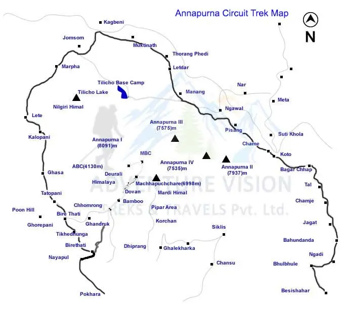 Annapurna Circuit Trek route map showing major stops and trekking trails in Nepal for November season.