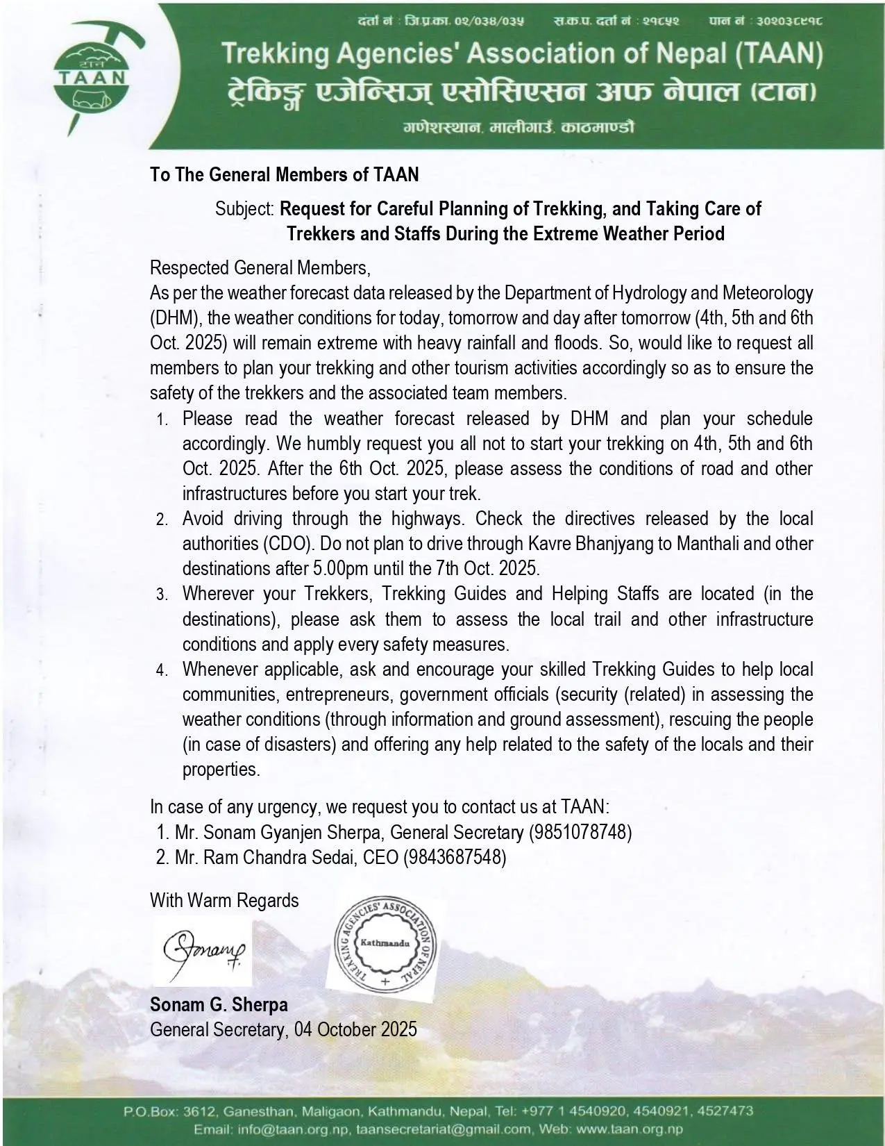 TAAN issues travel advisory for trekkers