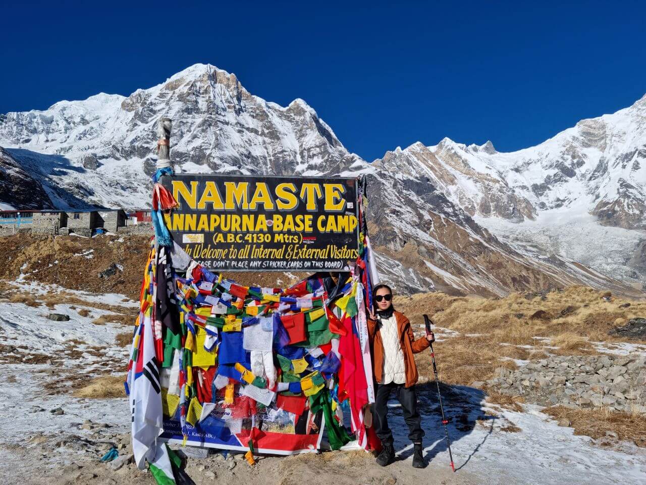 Female traveler at Annapurna base camp