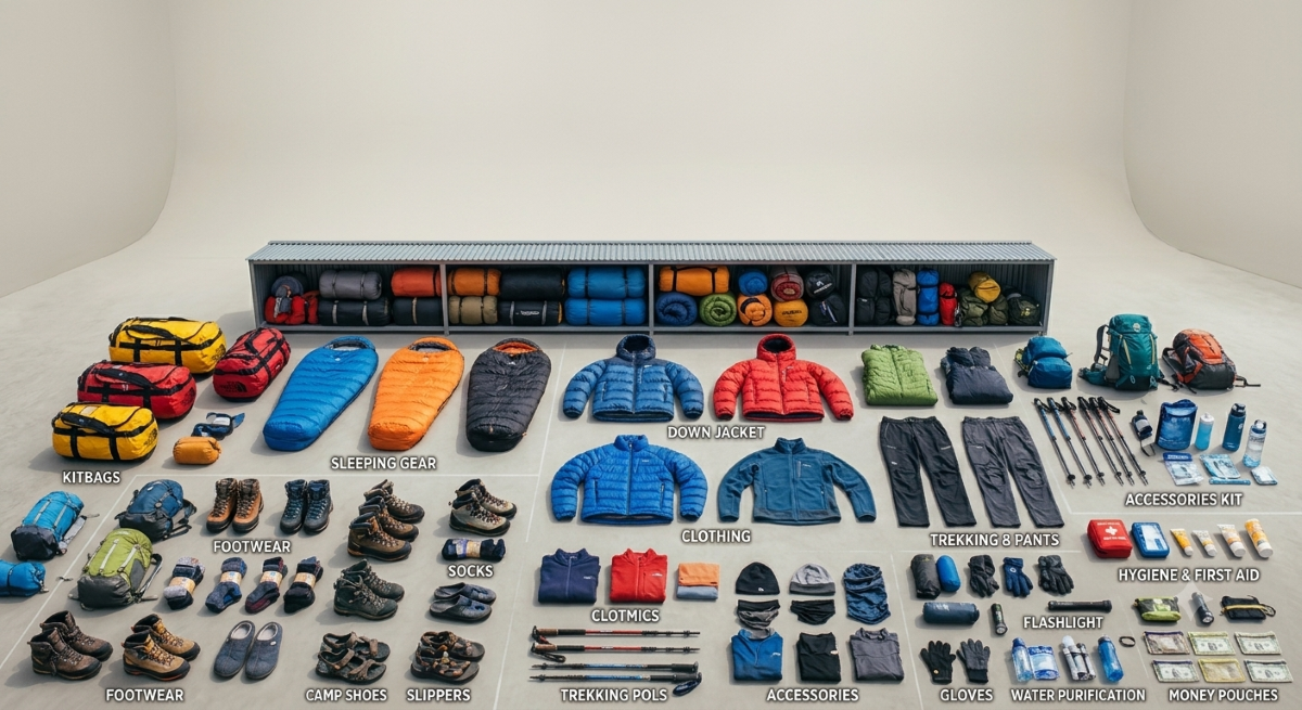 Essential trekking gear carefully prepared for a safe and comfortable EBC adventure.