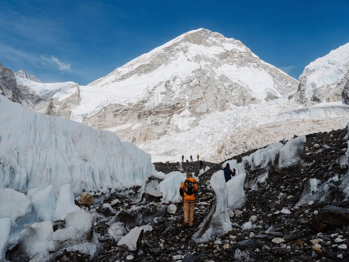 Trekker watching the Everest summit from base camp