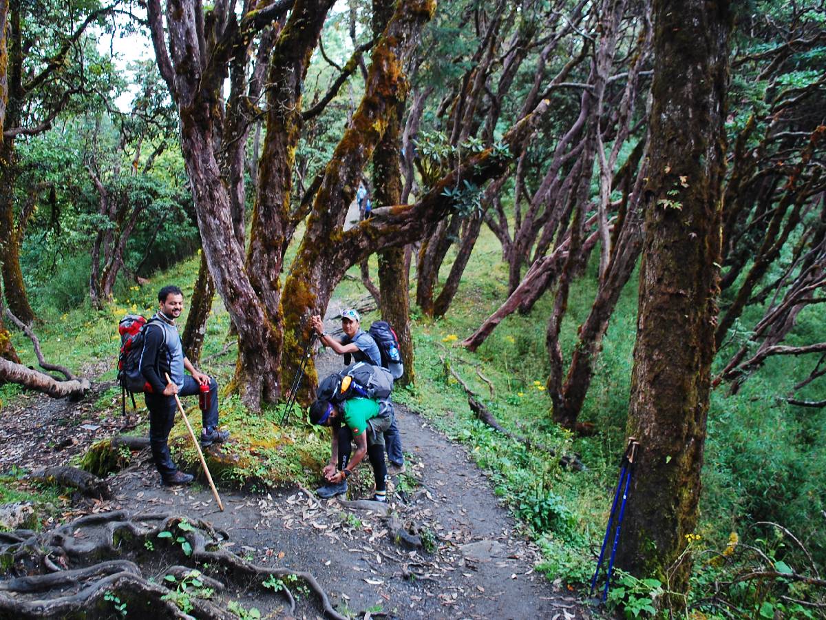 Trekkers walking in Sinuwa Village
