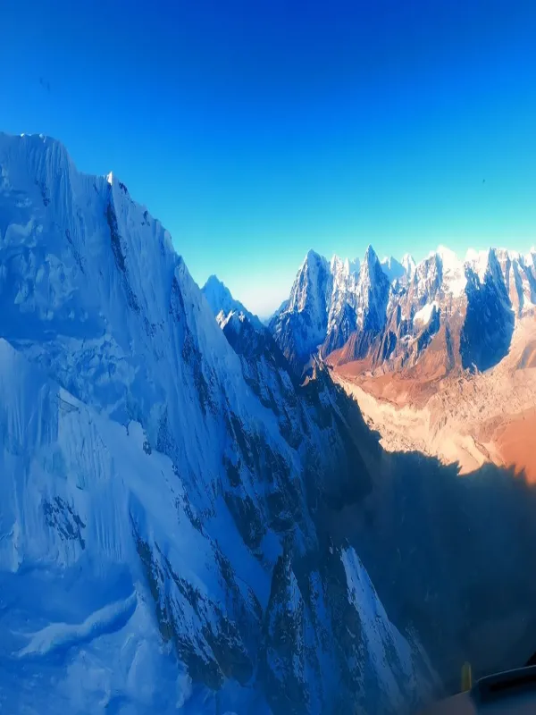 Helicopter flying over Khumbu glacier