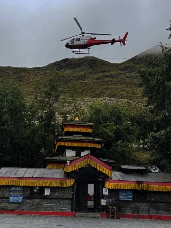 Helicopter flying over Muktinath temple