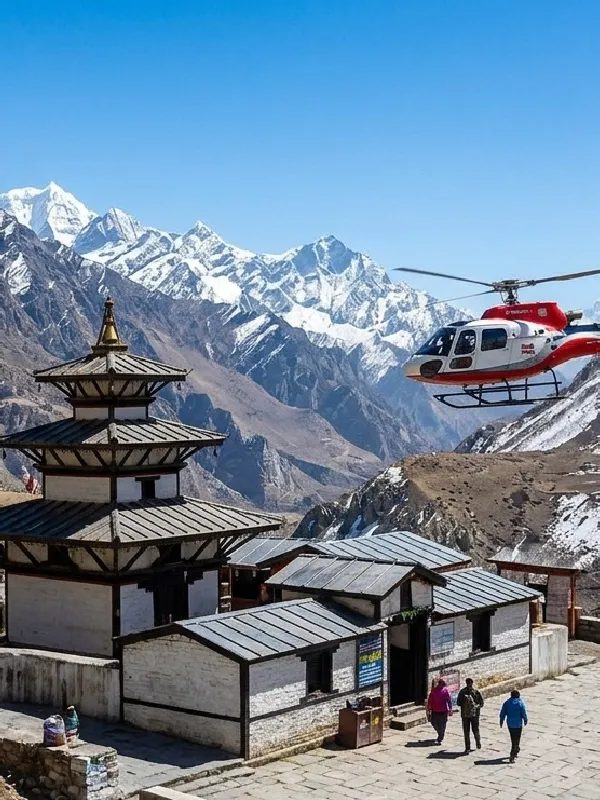 Helicopter flying over Muktinath temple