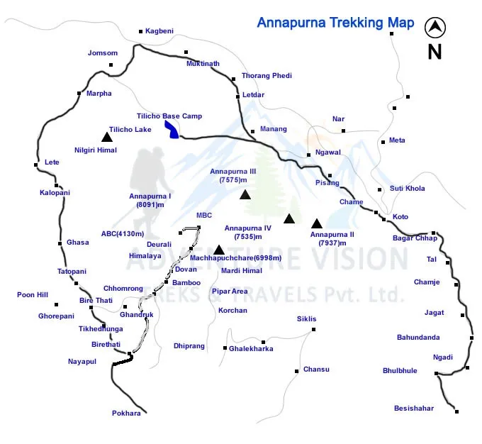 Annapurna circuit with Tilicho lake trek route map