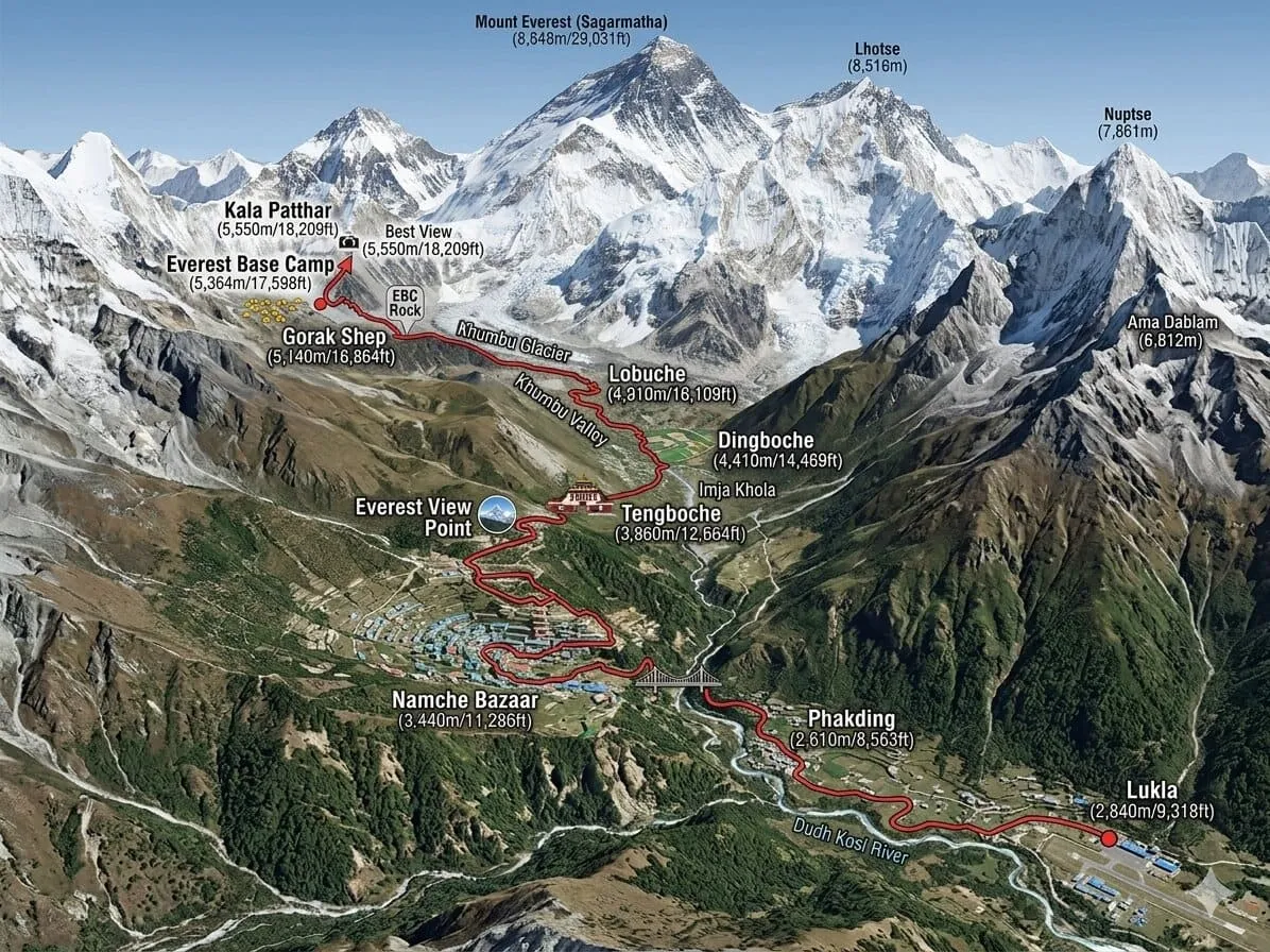 Everest base camp helicopter tour from Lukla route map