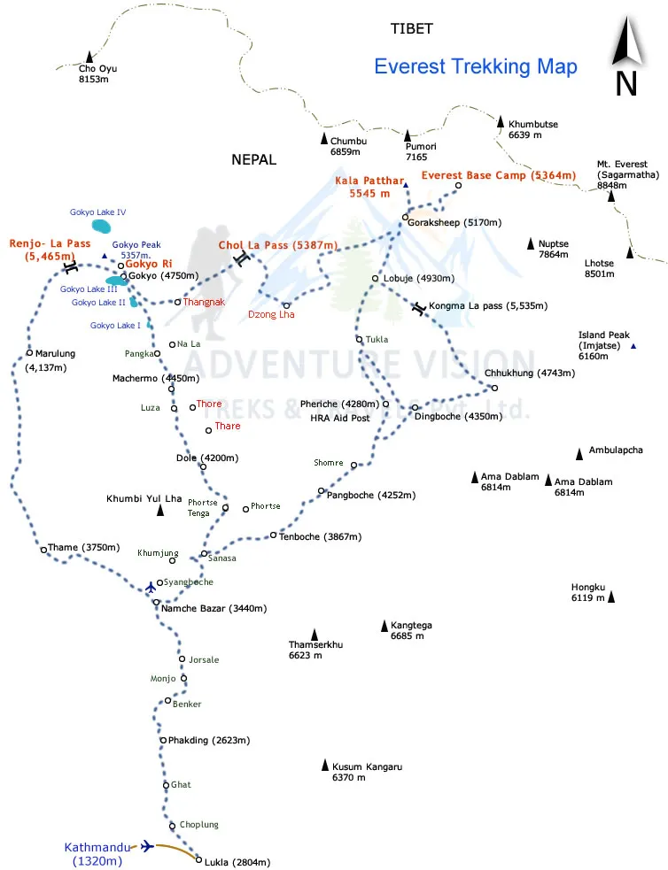 Everest base camp with the Kalapatthar hike route map