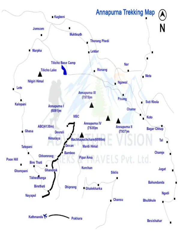 Short Annapurna circuit trek route map